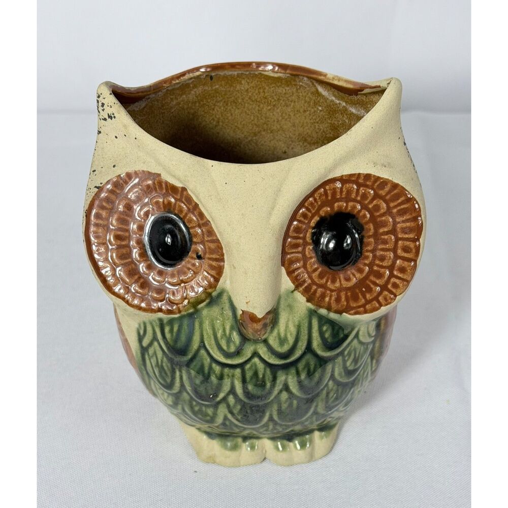 VTG Owl Planter Hollow Big Eyes Green Beige Decor Mid Century Kitschy Vase Desk